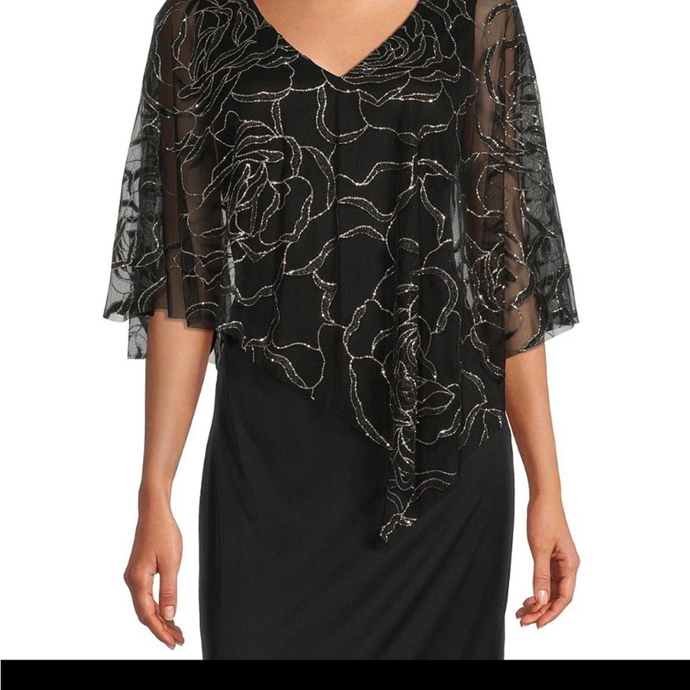 Ignite Evenings Long Blue Dress with glitter mesh caplet